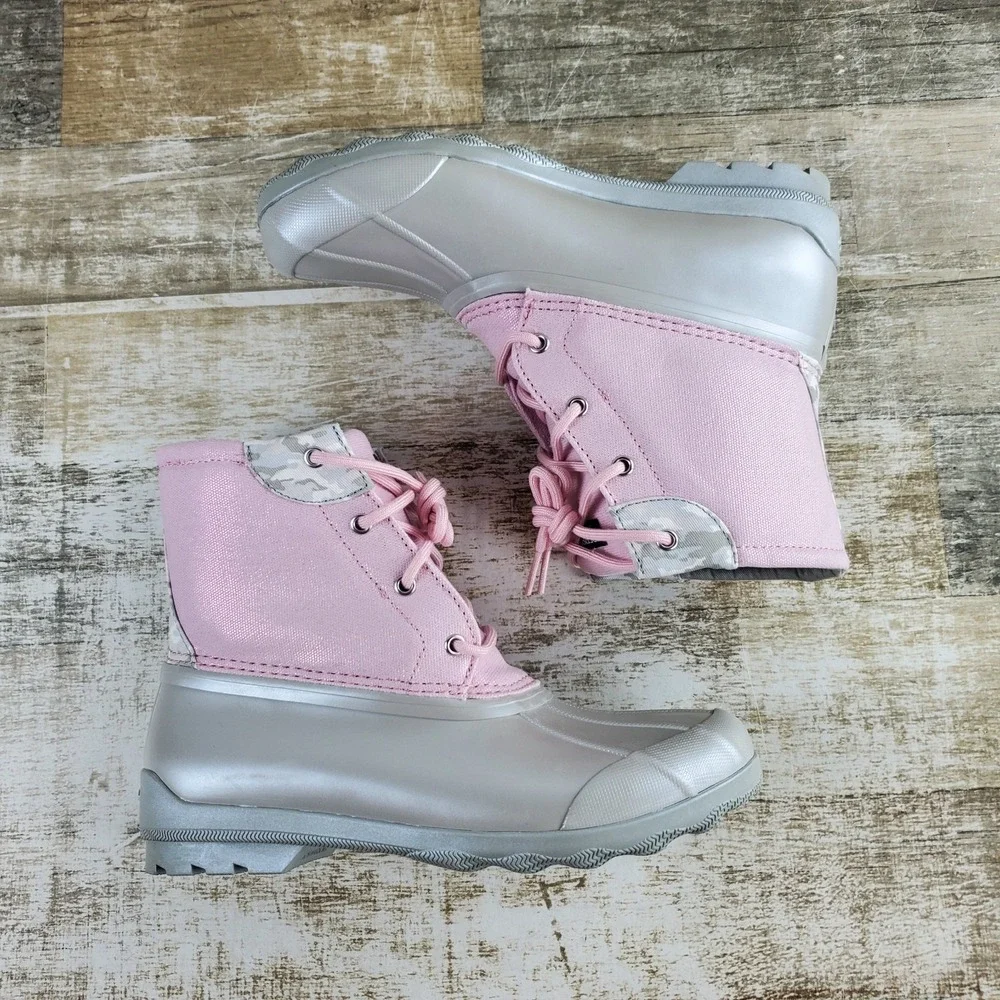 Sperry Port Kids Boots Sz 6 M Pink Canvas Silver Rubber Mid-Top Lace-Up Comfort